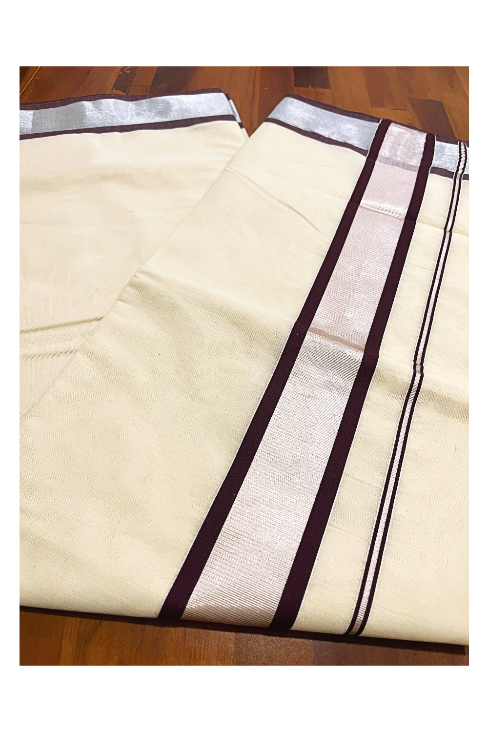 Pure Cotton Kerala Saree with Silver Kasavu and Brown Border
