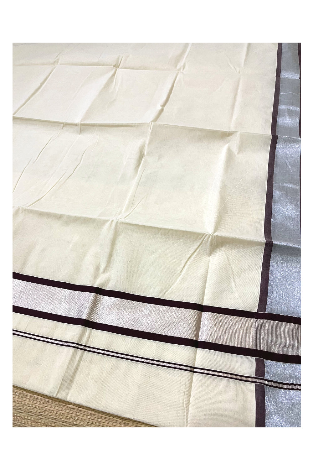 Pure Cotton Kerala Saree with Silver Kasavu and Brown Border