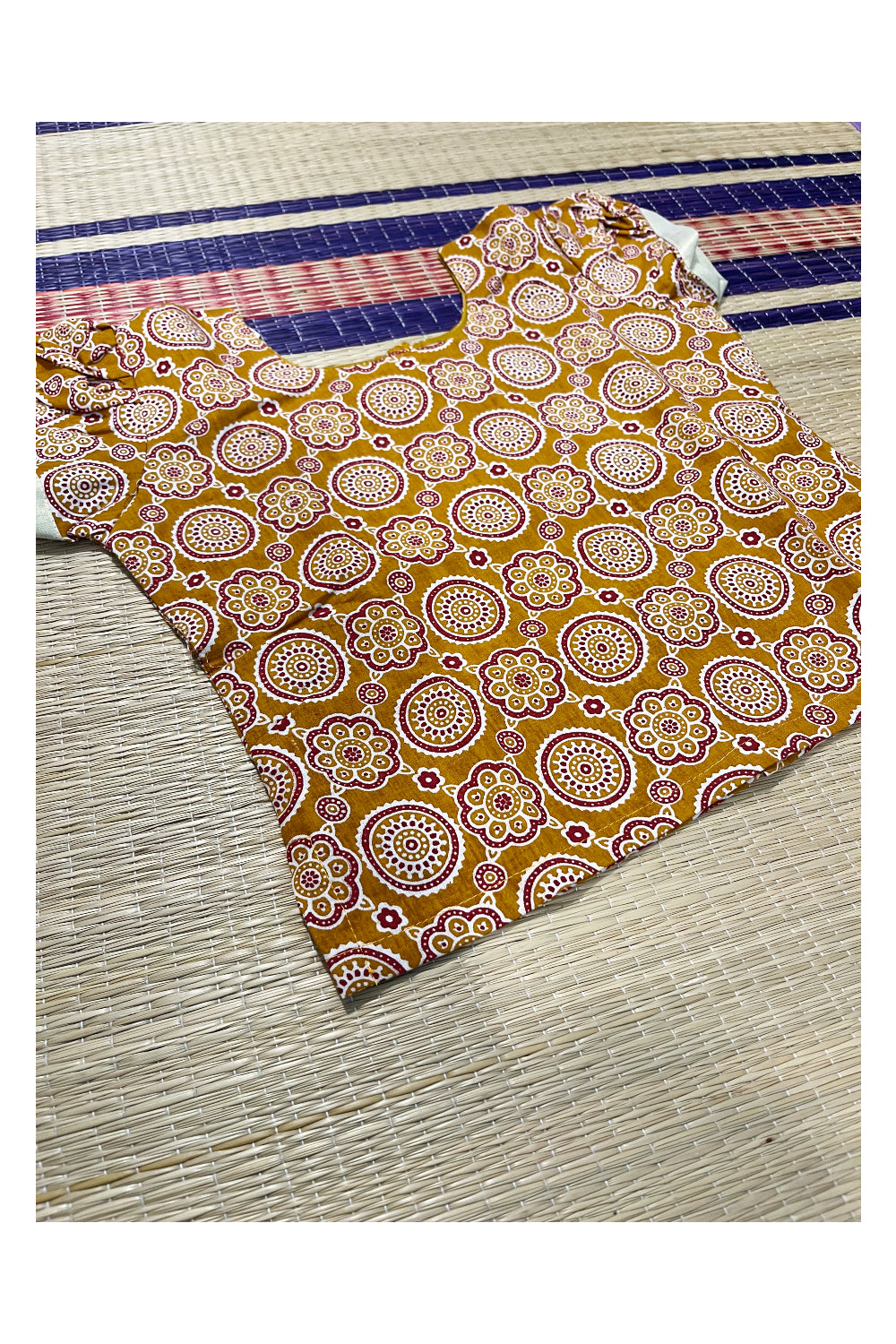 Southloom Kerala Yellow Ajrakh Top and Tissue Pavada with Kasavu Printed Border