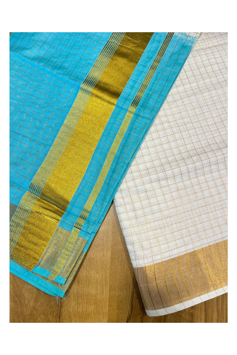 Southloom Cotton Tie & Dye - Half & Half Turquoise Design Saree with Kasavu Checks Across Body