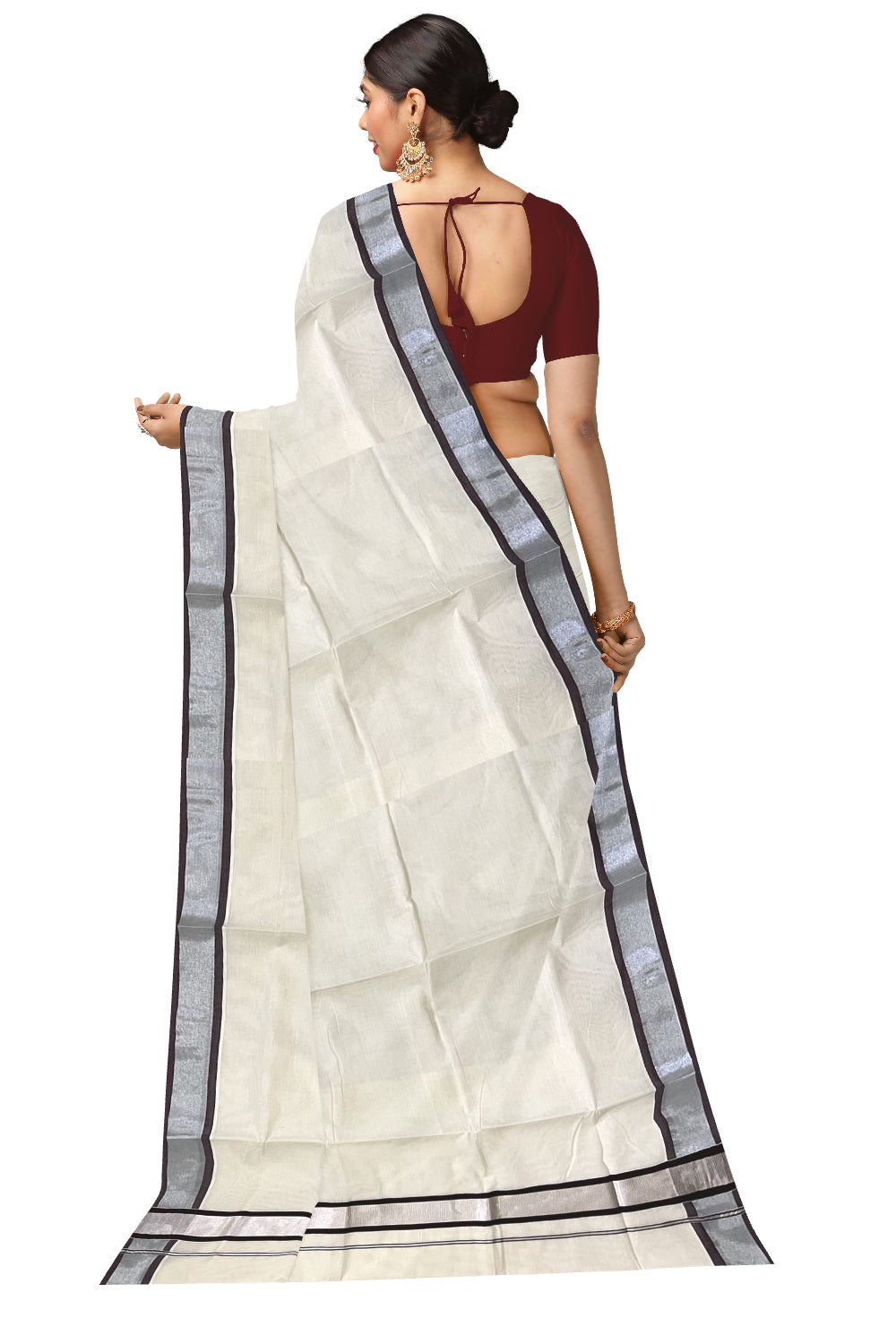 Pure Cotton Kerala Saree with Silver Kasavu and Brown Border