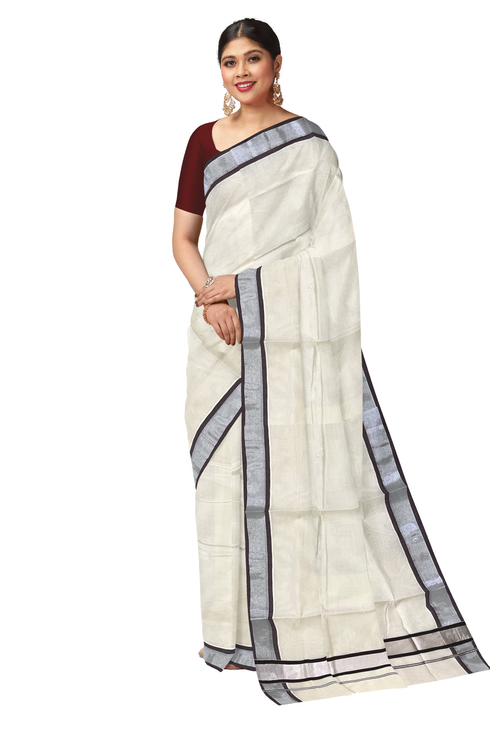 Pure Cotton Kerala Saree with Silver Kasavu and Brown Border