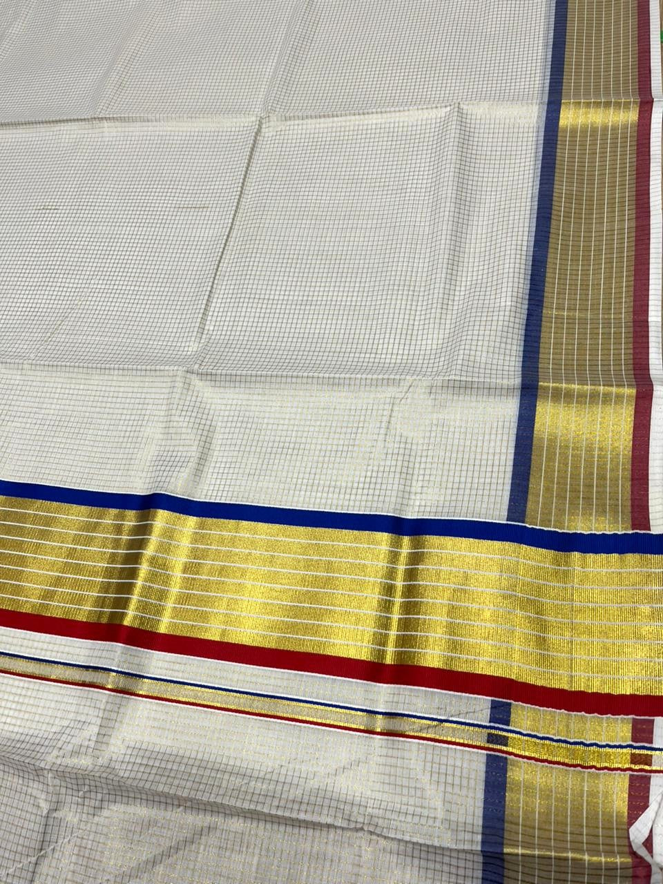 Southloom Kerala Cotton Kasavu Saree with Micro Check Design on Body in Blue & Red Border SL451