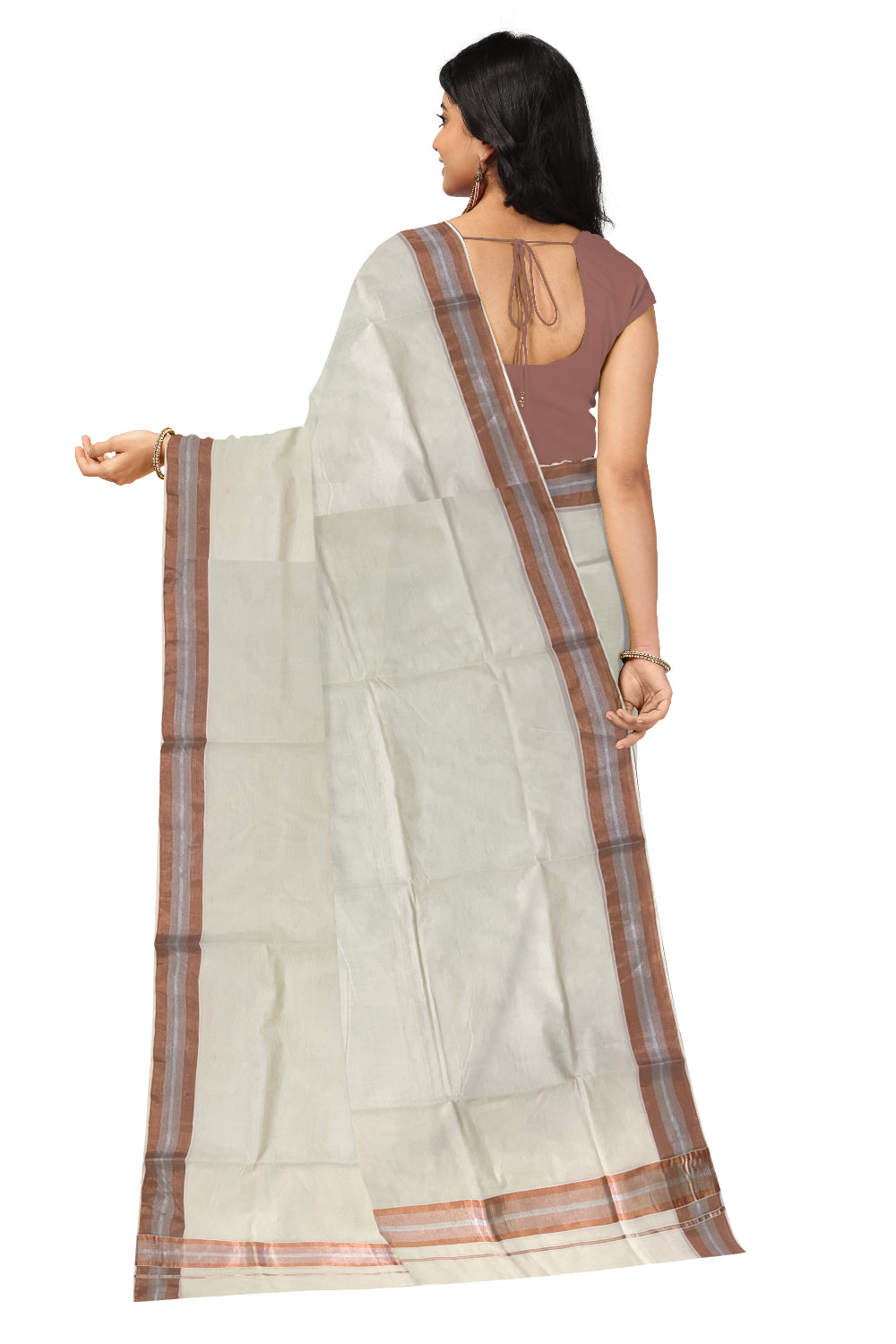 Pure Cotton Kerala Saree with 3 inch Copper and Silver Kasavu Border