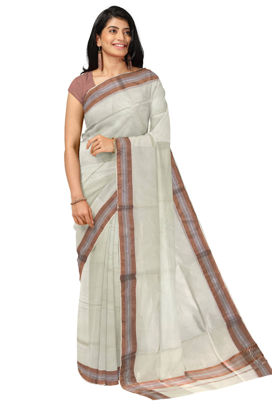 Pure Cotton Kerala Saree with 3 inch Copper and Silver Kasavu Border