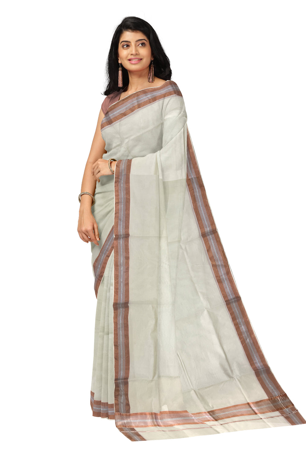 Pure Cotton Kerala Saree with 3 inch Copper and Silver Kasavu Border