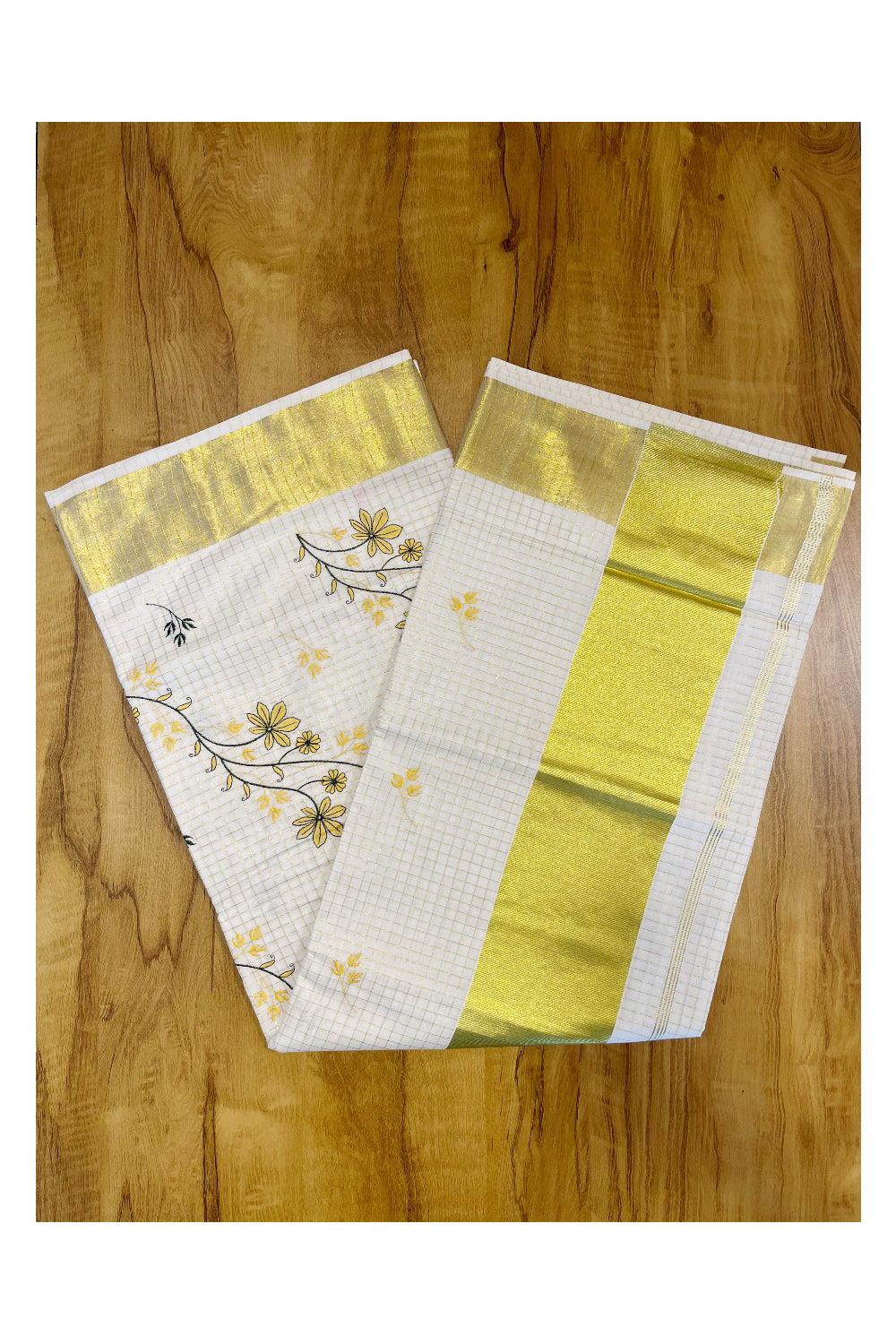 Southloom Woven Check Kasavu Saree with Floral Embroidery in Yellow and Green