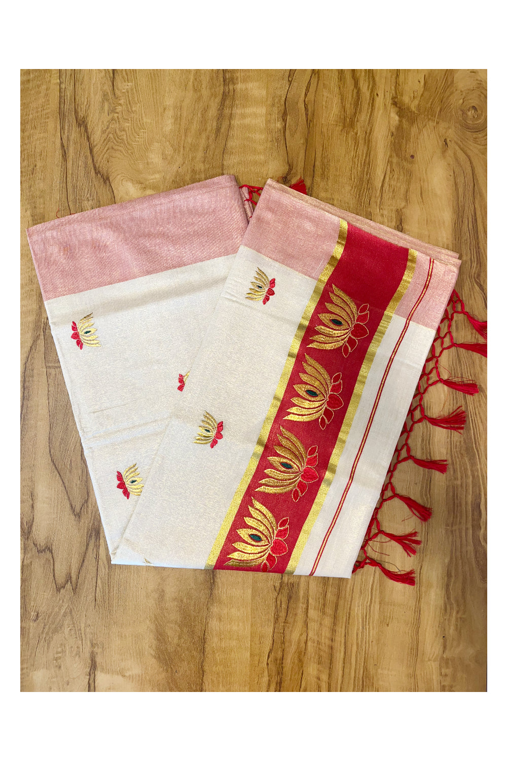 Southloom Kerala Tissue Kasavu Saree with Red And Golden Lotus Embroidary Works on Body