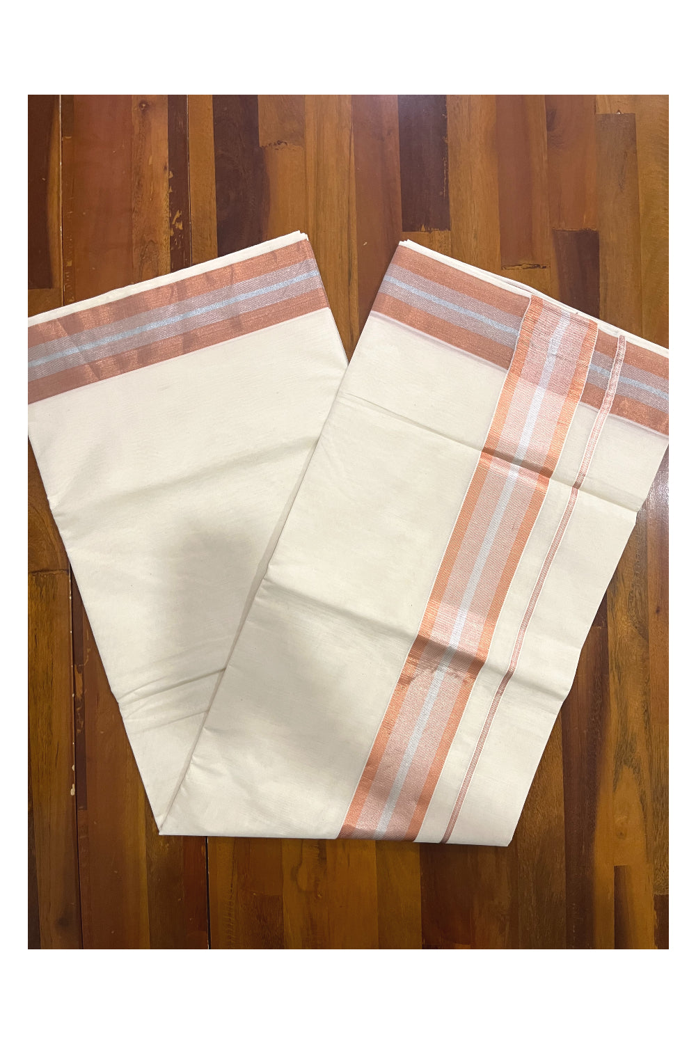 Pure Cotton Kerala Saree with 3 inch Copper and Silver Kasavu Border
