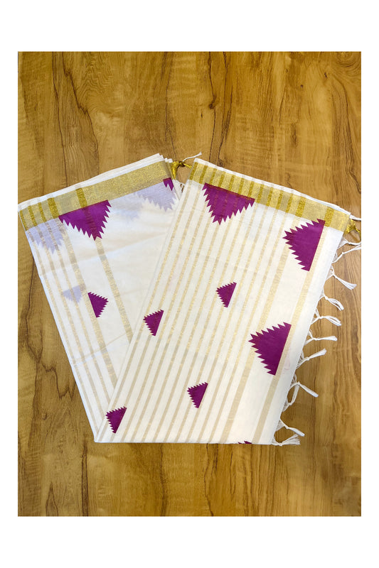 Kerala Cotton Kasavu Saree With Violet Temple Woven Works on Border