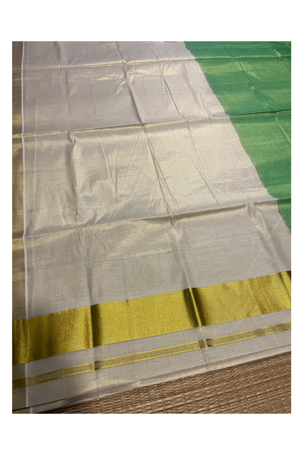 Southloom Tie & Dye - Half & Half Multi Colour Green Design Saree with Kasavu Border