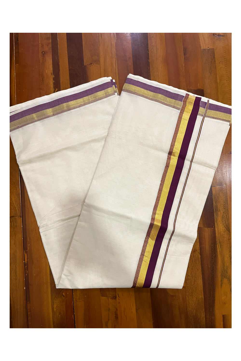 Pure Cotton Kerala Plain Saree with Kasavu and Purple Border