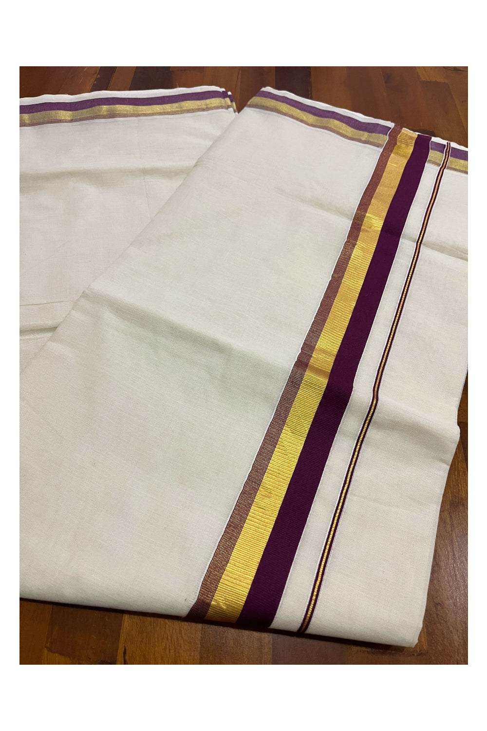 Pure Cotton Kerala Plain Saree with Kasavu and Purple Border