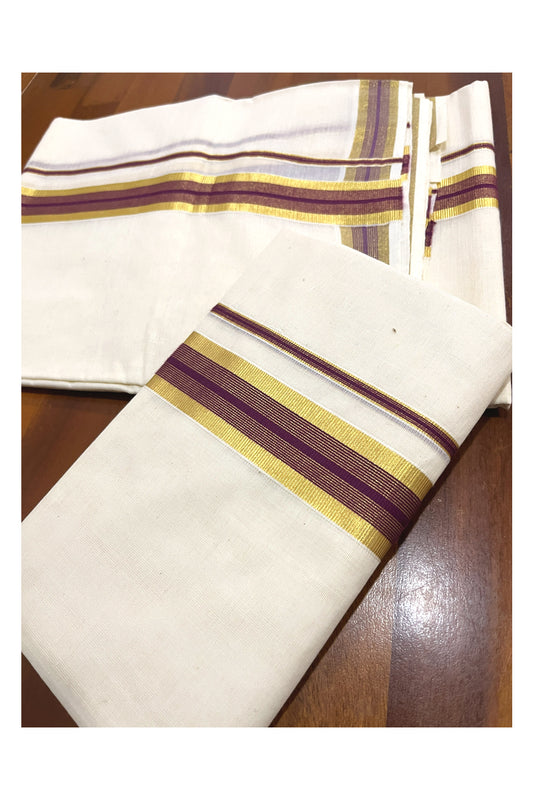 Kerala Cotton Mundum Neriyathum Single (Set Mundu) with Kasavu and Purple Border 2.80 Mtrs