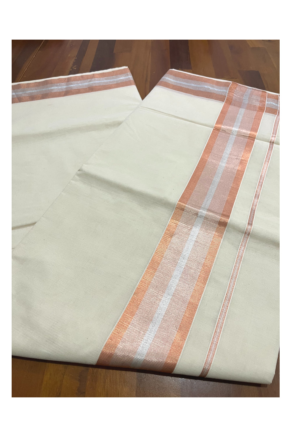 Pure Cotton Kerala Saree with 3 inch Copper and Silver Kasavu Border