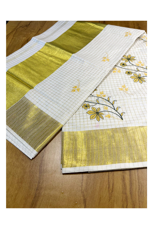 Southloom Woven Check Kasavu Saree with Floral Embroidery in Yellow and Green