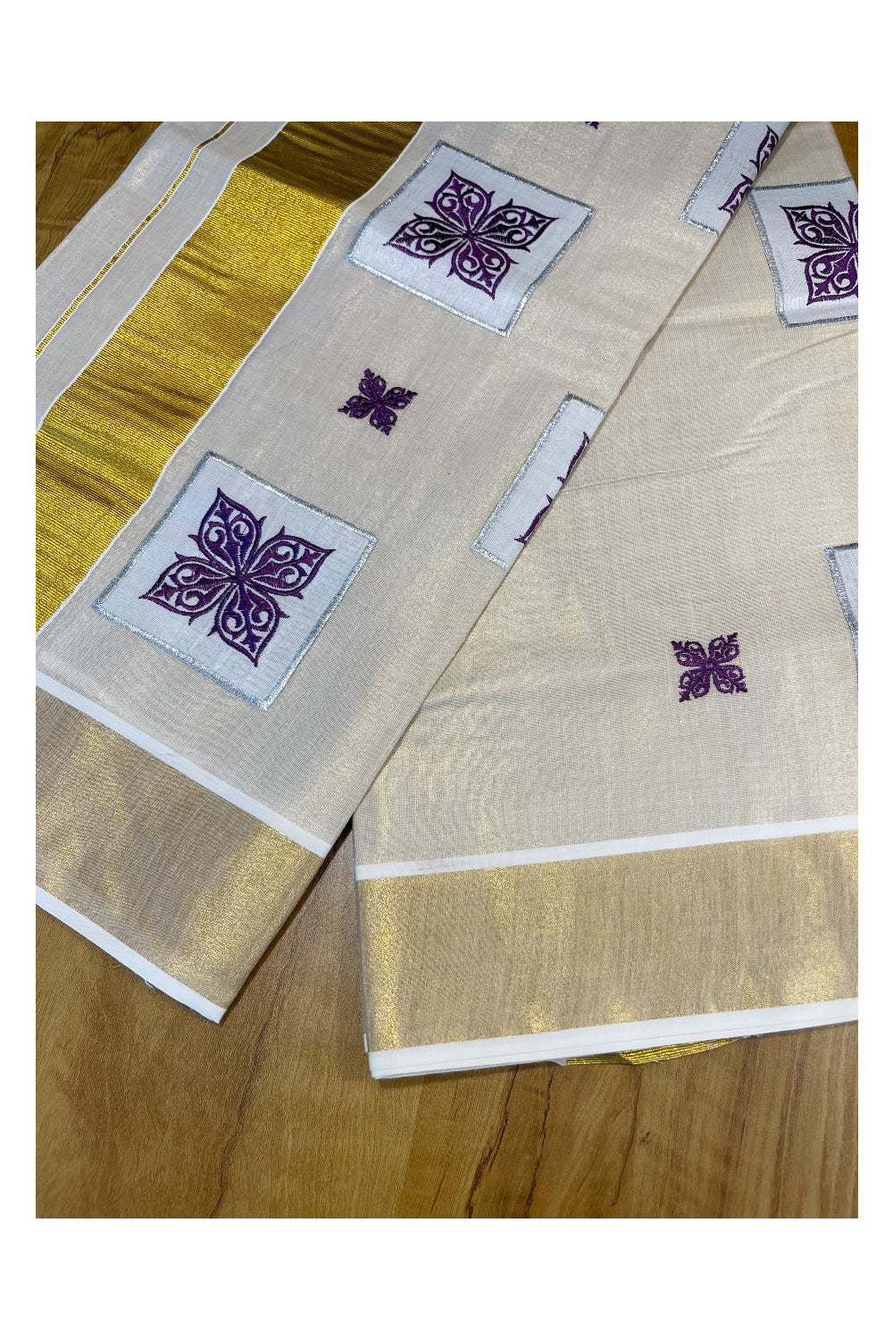 Southloom Kerala Tissue Kasavu Saree with Violet Appliq Work