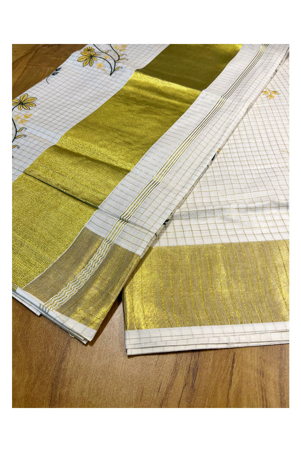 Southloom Woven Check Kasavu Saree with Floral Embroidery in Yellow and Green