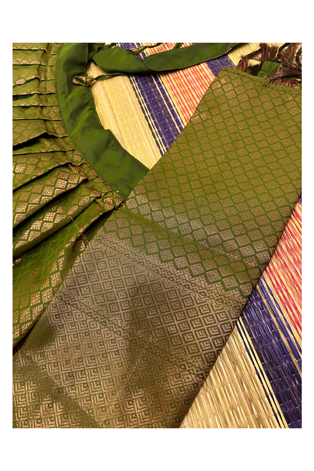 Southloom Semi Stitched Semi Silk Olive Green Dhavani Set include Neriyathu and Blouse Piece
