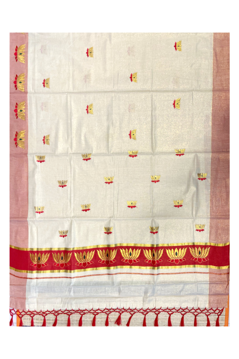 Southloom Kerala Tissue Kasavu Saree with Red And Golden Lotus Embroidary Works on Body