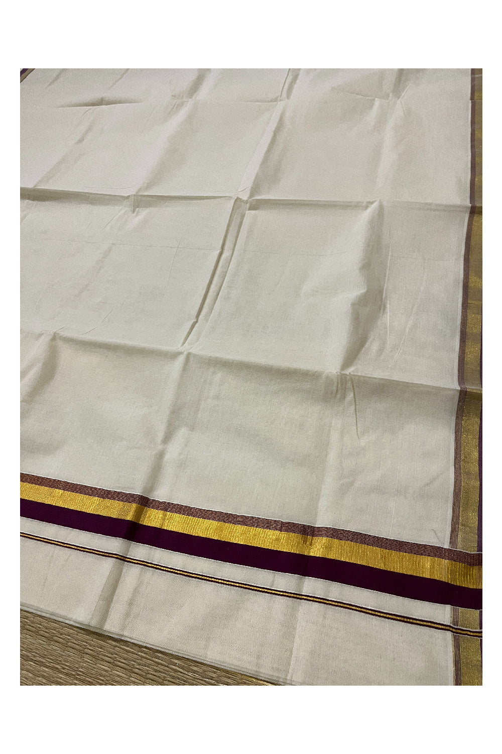 Pure Cotton Kerala Plain Saree with Kasavu and Purple Border