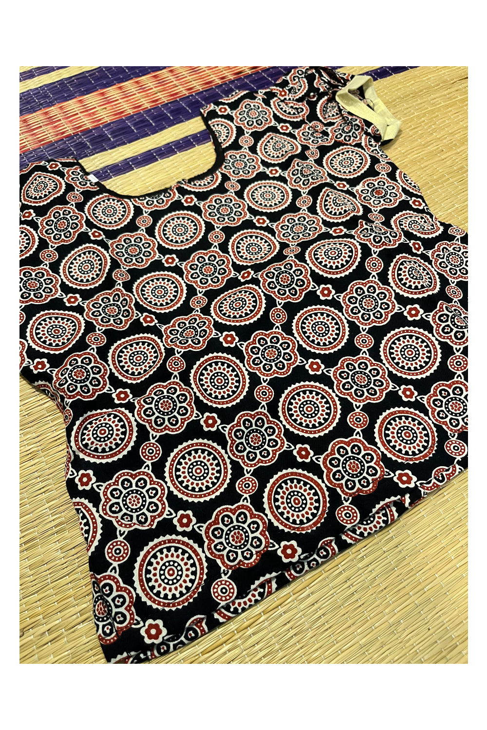 Southloom Kerala Black Ajrakh Top and Tissue Pavada with Kasavu Printed Border