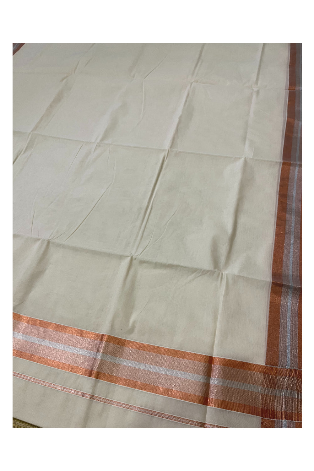 Pure Cotton Kerala Saree with 3 inch Copper and Silver Kasavu Border