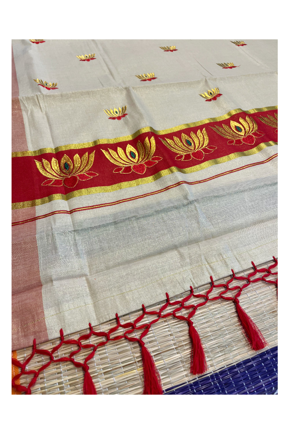 Southloom Kerala Tissue Kasavu Saree with Red And Golden Lotus Embroidary Works on Body