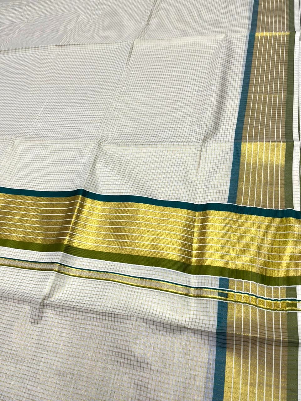 Southloom Kerala Cotton Kasavu Saree with Micro Check Design on Body in Peacock Blue & Olive Green Border SL451