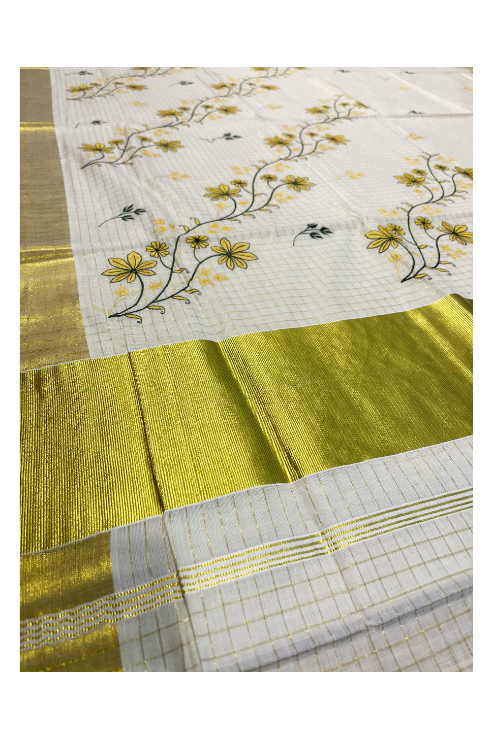 Southloom Woven Check Kasavu Saree with Floral Embroidery in Yellow and Green