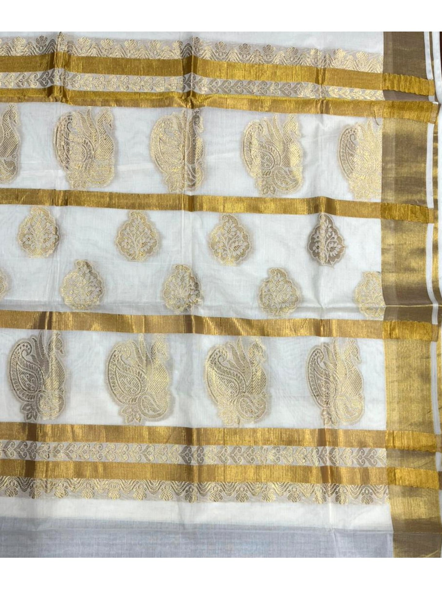Southloom Kerala Cotton Kasavu Butta Work Saree on Body