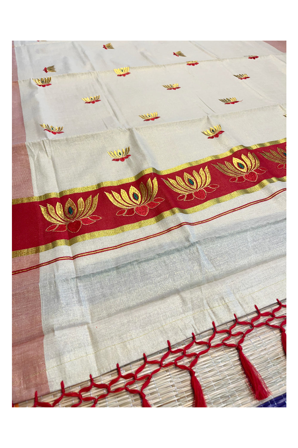 Southloom Kerala Tissue Kasavu Saree with Red And Golden Lotus Embroidary Works on Body