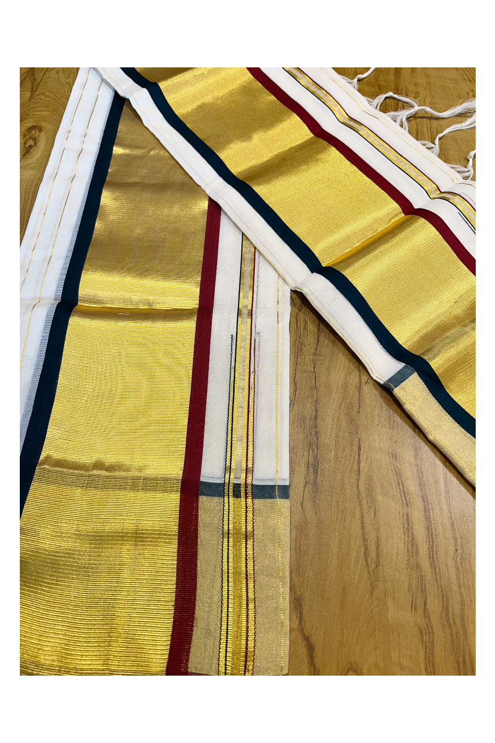 Southloom Premium Handloom Kasavu Lines Set Mundu with Green And Maroon Border (Mundum Neriyathum) 2.80 Mtrs
