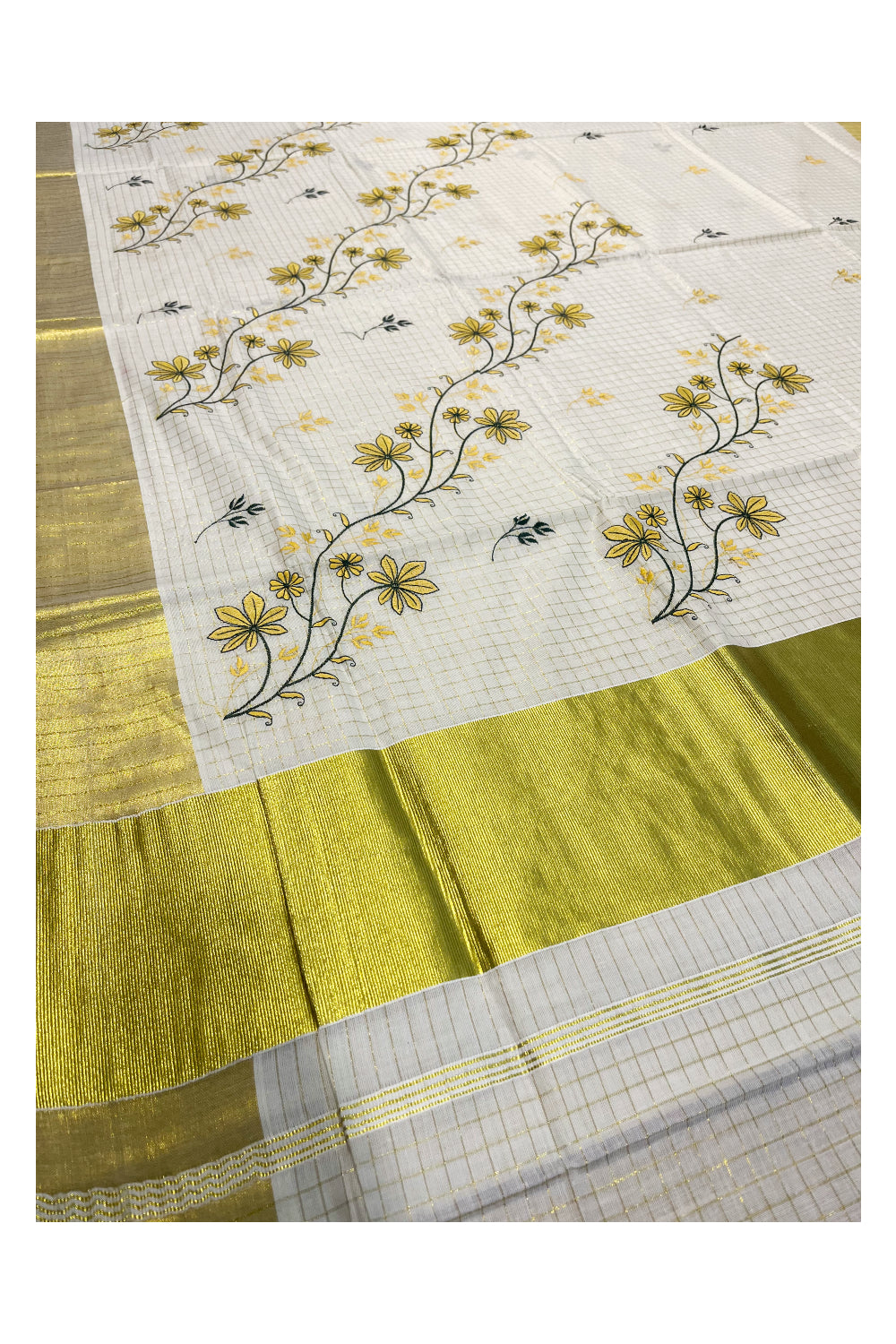 Southloom Woven Check Kasavu Saree with Floral Embroidery in Yellow and Green