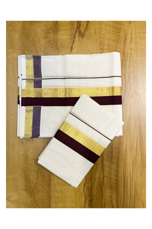Southloom Kerala Cotton Set Mundu (Mundum Neriyathum) with Brown and Kasavu Border 2.80 Mtrs SLKK