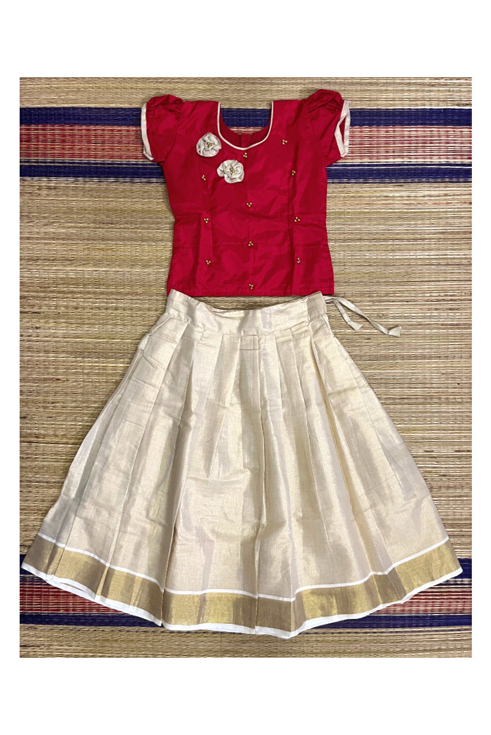 Southloom Kerala Red Pavada Blouse with Bead Work for Kids (Age 1 - 10)