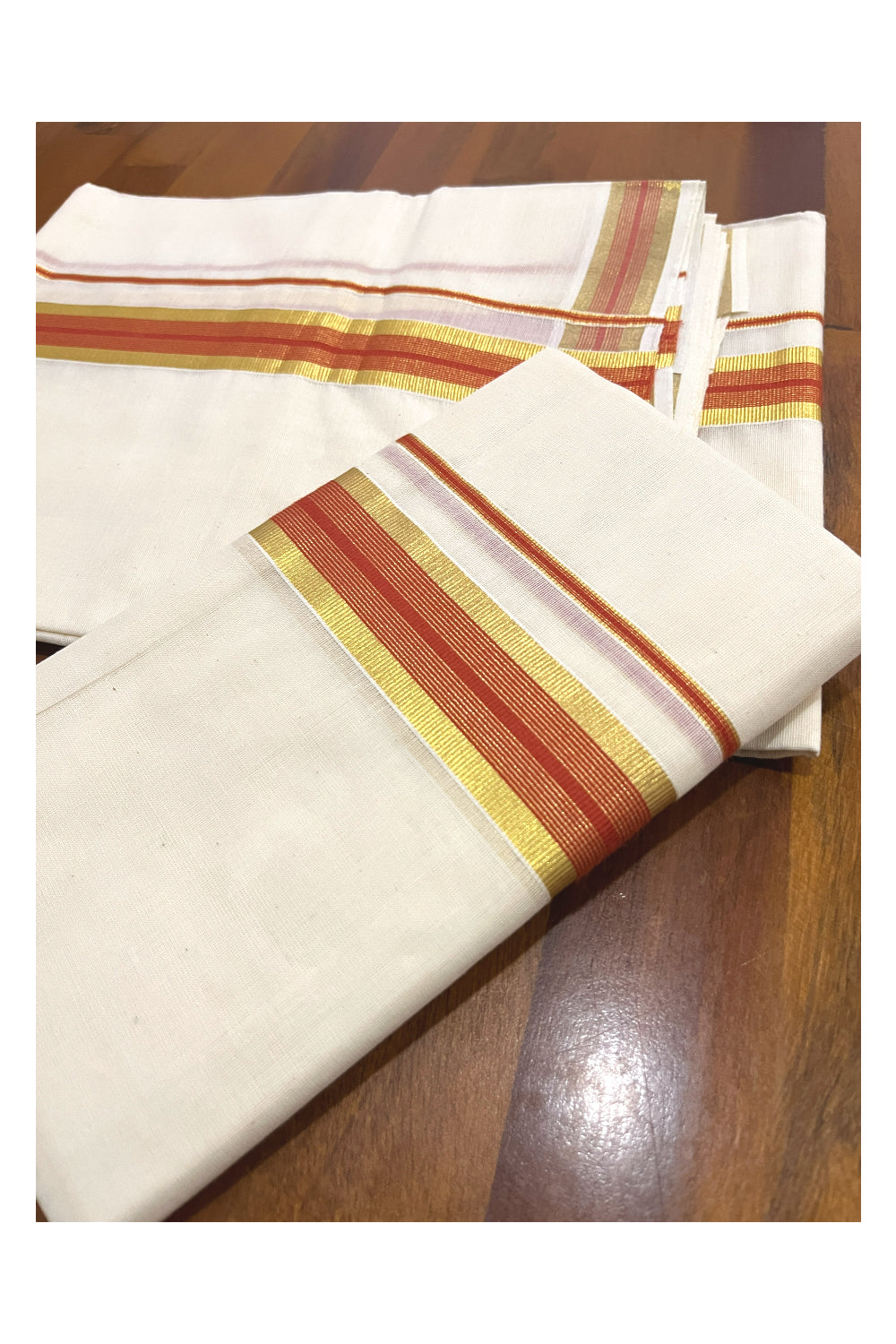 Kerala Cotton Mundum Neriyathum Single (Set Mundu) with Kasavu and Orange Border 2.80 Mtrs