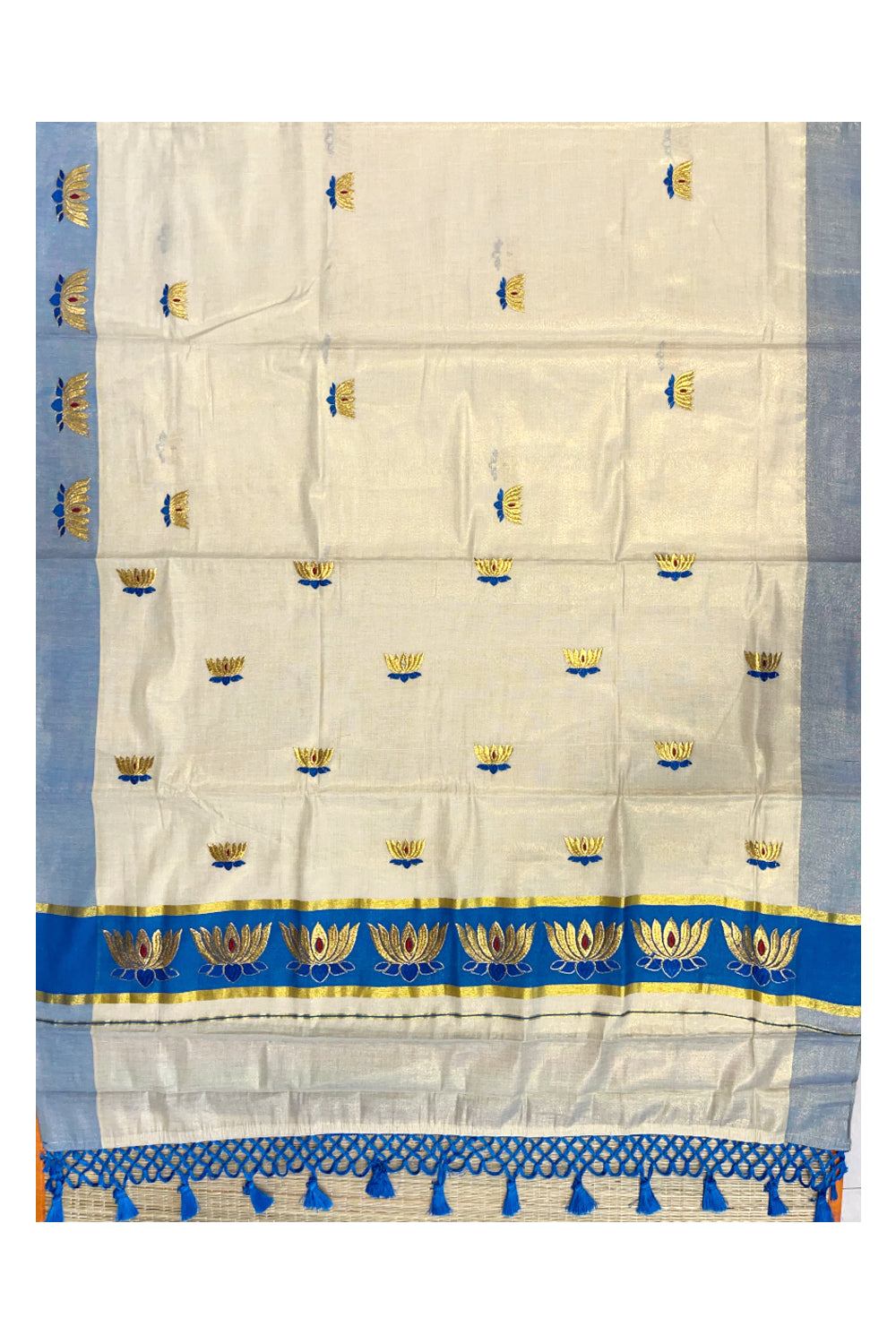 Southloom Kerala Tissue Kasavu Saree with Blue And Golden Lotus Embroidary Works on Body