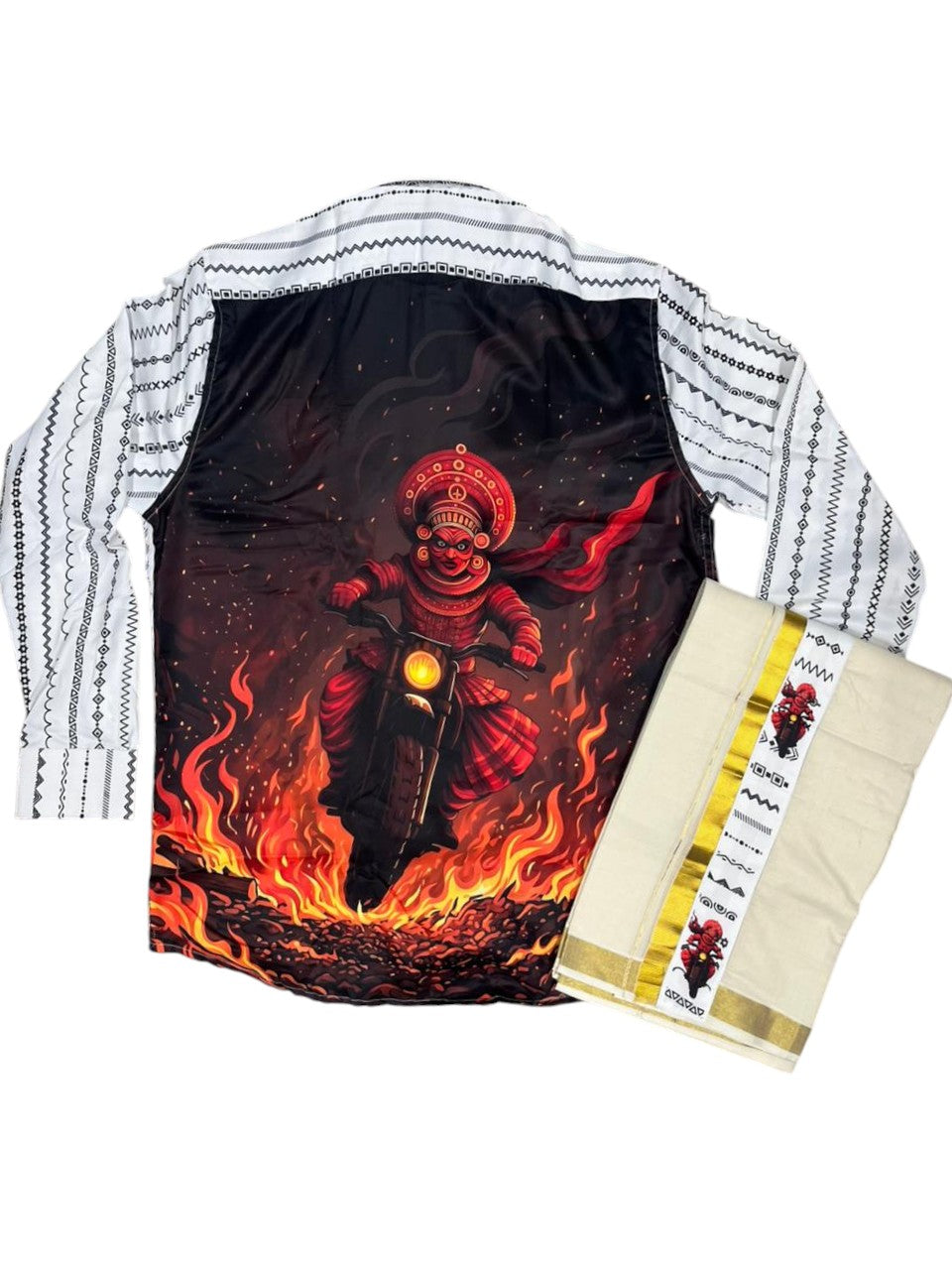 Southloom Premium Satin Theyyam Digital Printed Design Men's Combo (Shirt + Mundu) SL576