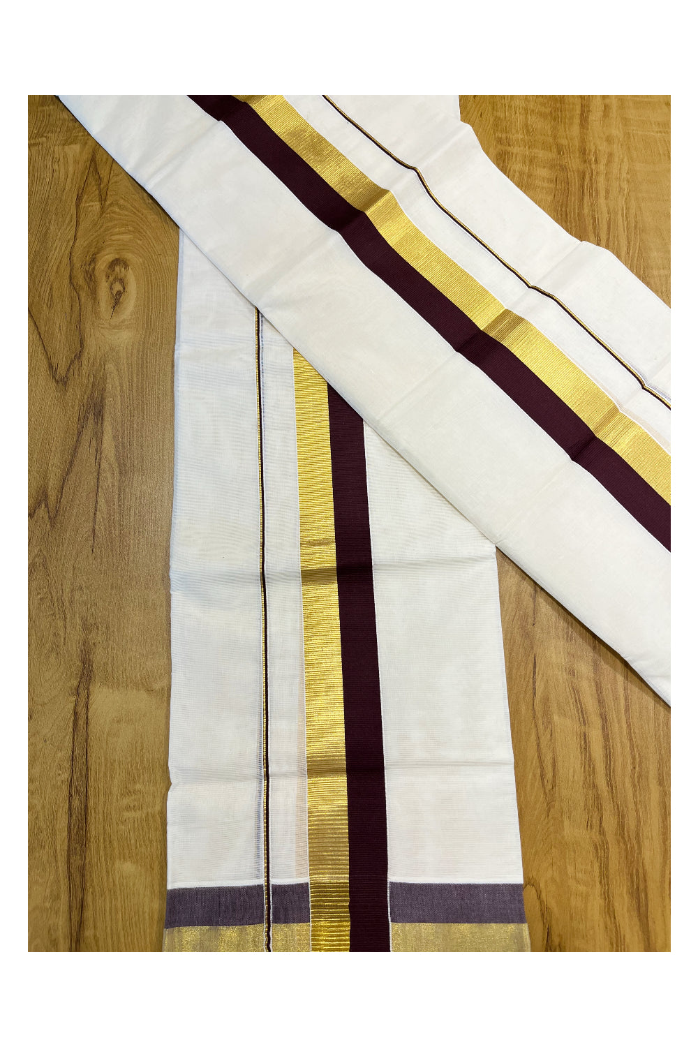 Southloom Kerala Cotton Set Mundu (Mundum Neriyathum) with Brown and Kasavu Border 2.80 Mtrs SLKK