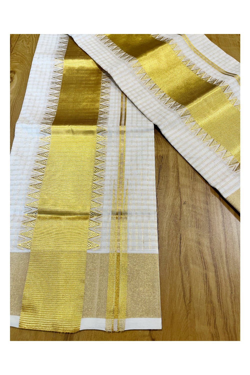 Southloom Handloom Premium Cotton Kasavu Check Set Mundu With Temple Woven Patterns On Border (Mundum Neriyathum) 2.80 Mtrs
