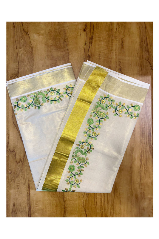 Kerala Tissue Kasavu Saree with Green Peacock Embroidery Design