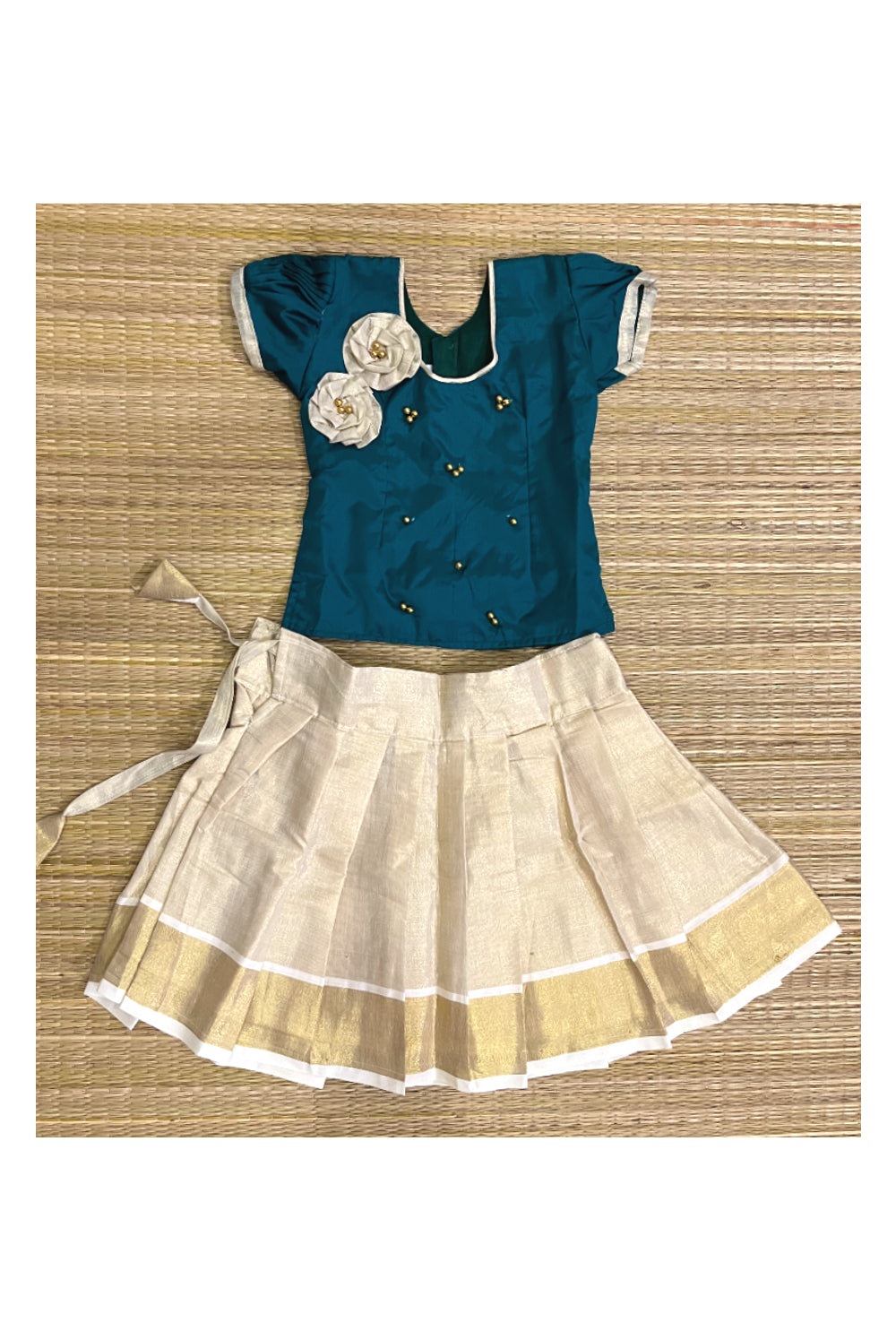 Southloom Kerala Green Pavada Blouse with Bead Work for Kids (Age 1 - 10)