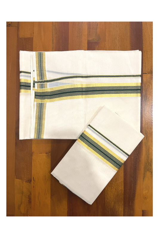 Southloom Kerala Cotton Mundum Neriyathum Single (Set Mundu) with Kasavu and Green Border 2.80 Mtrs SLKK