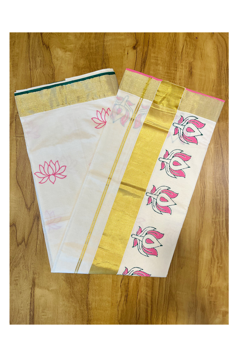 Southloom Cotton Kerala Kasavu Saree with Pink Lotus Block Print Across Body