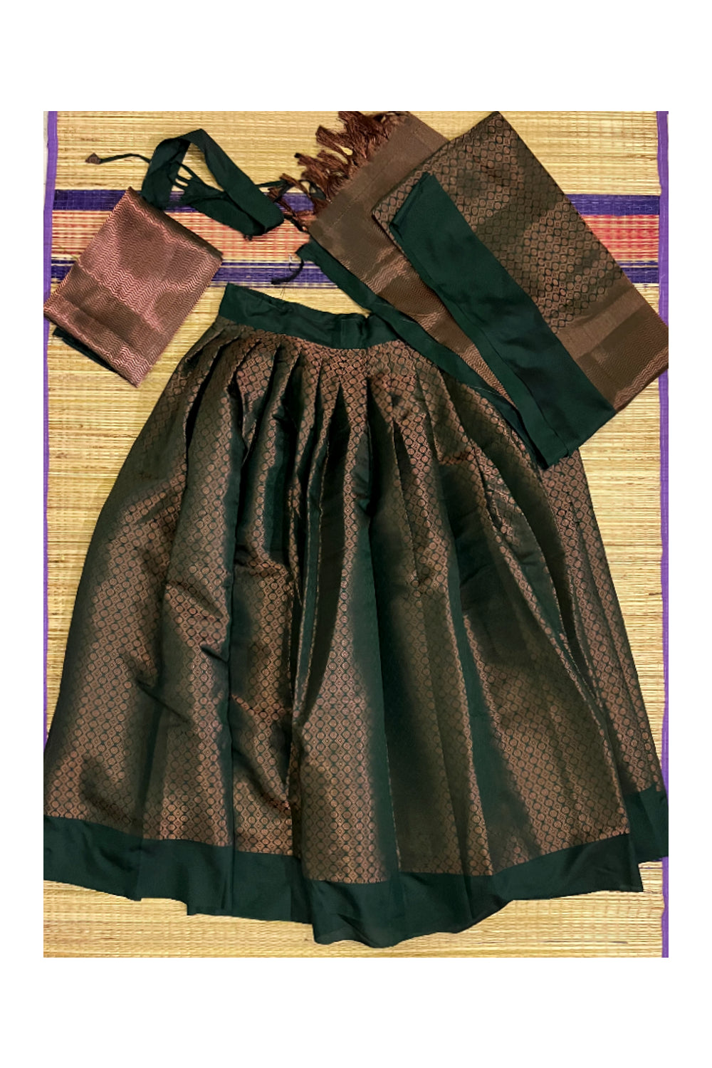 Southloom Semi Stitched Semi Silk Dark Green Dhavani Set include Neriyathu and Blouse Piece