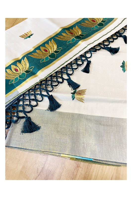 Southloom Kerala Tissue Kasavu Saree with Green And Golden Lotus Embroidary Works on Body