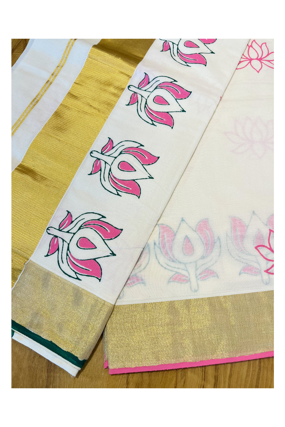 Southloom Cotton Kerala Kasavu Saree with Pink Lotus Block Print Across Body