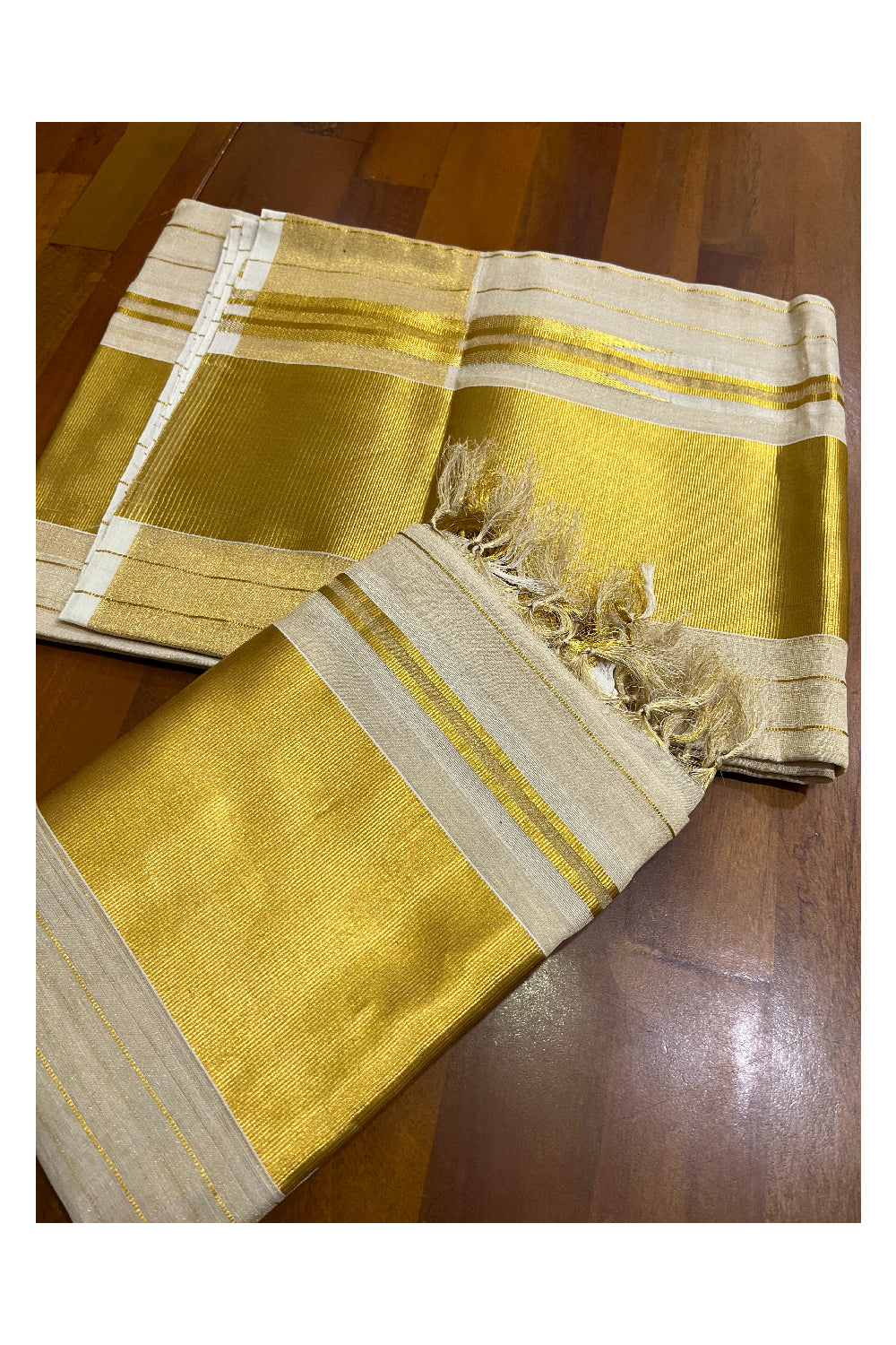 Southloom Handloom Tissue Premium Single Set Mundu with Kasavu Lines Across Body (2.80Mtrs)