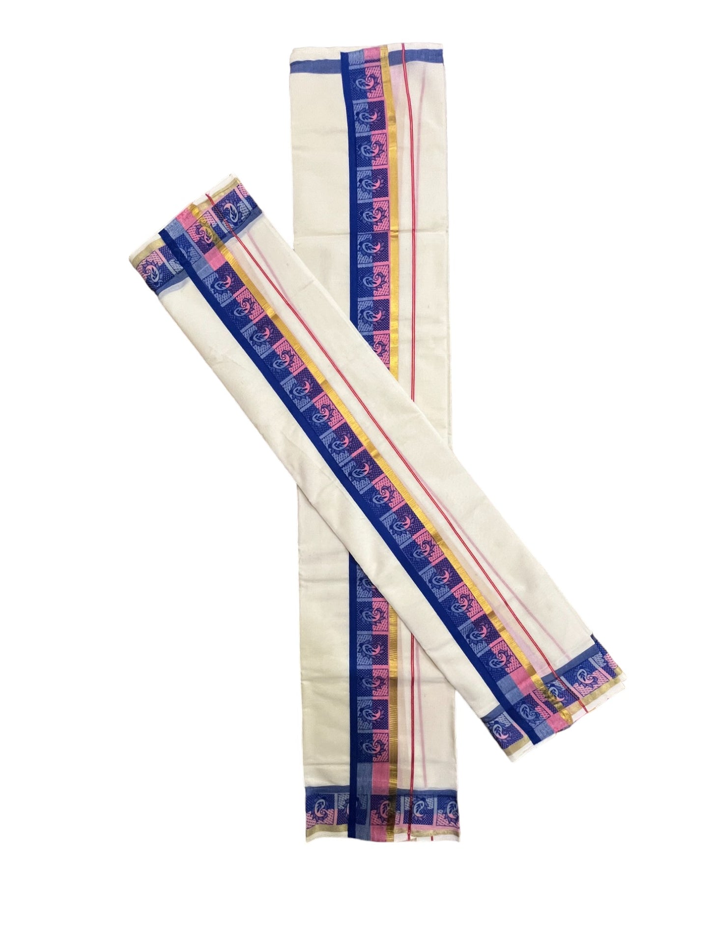 Kerala Cotton Kasavu Single Set Mundu (Mundum Neriyathum) with Pink and Blue Kara and Block Prints